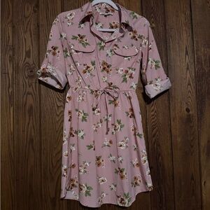 Vintage-Inspired Pink Floral Shirt Dress with Tie Waist